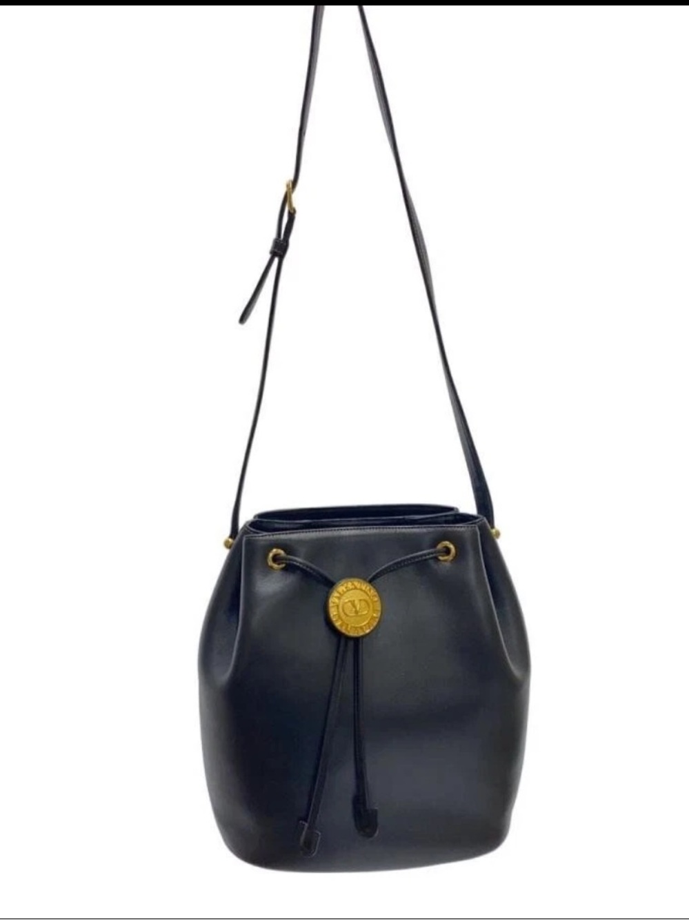 Valentino Garavani Black Leather Bucket Bag with Gold Medallion